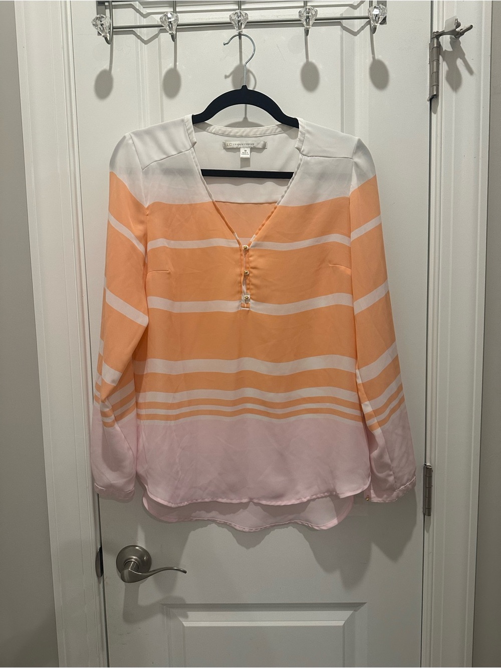 LC Lauren Conrad Peach, White & Light Pink Striped V-Neck Blouse